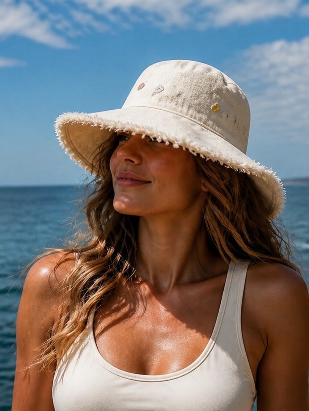Canvas Wide Brim Sun Hat Pastel Floral Embroidery Raw Hem Womens Bucket Hat